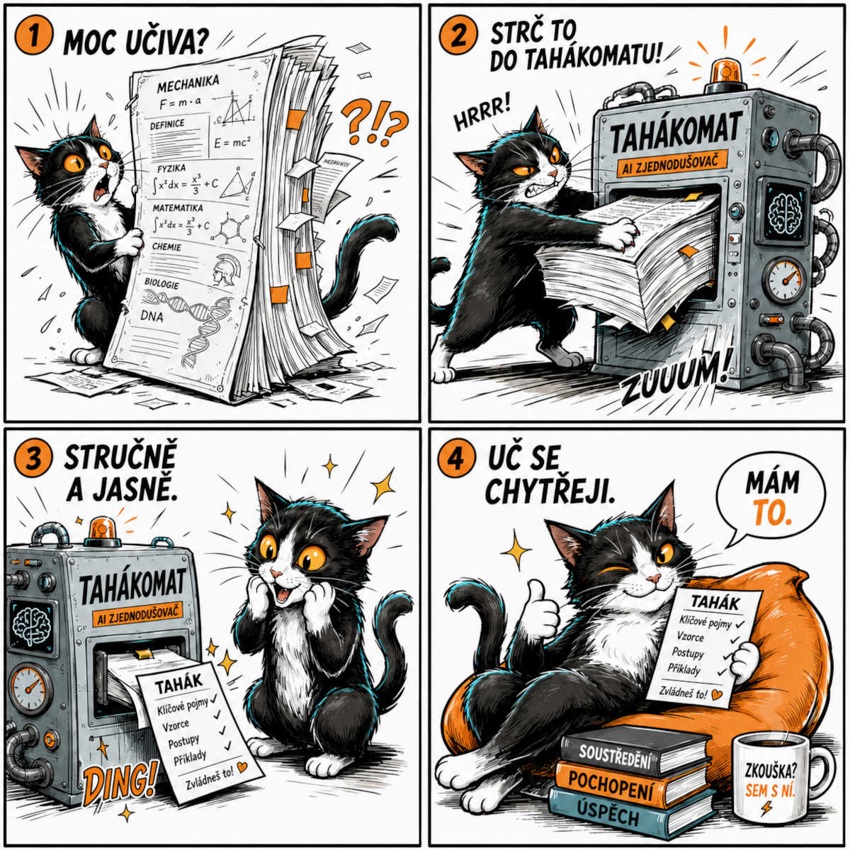Komiks Tahákomat: moc učiva, vložení do Tahákomatu, stručný tahák a chytřejší učení